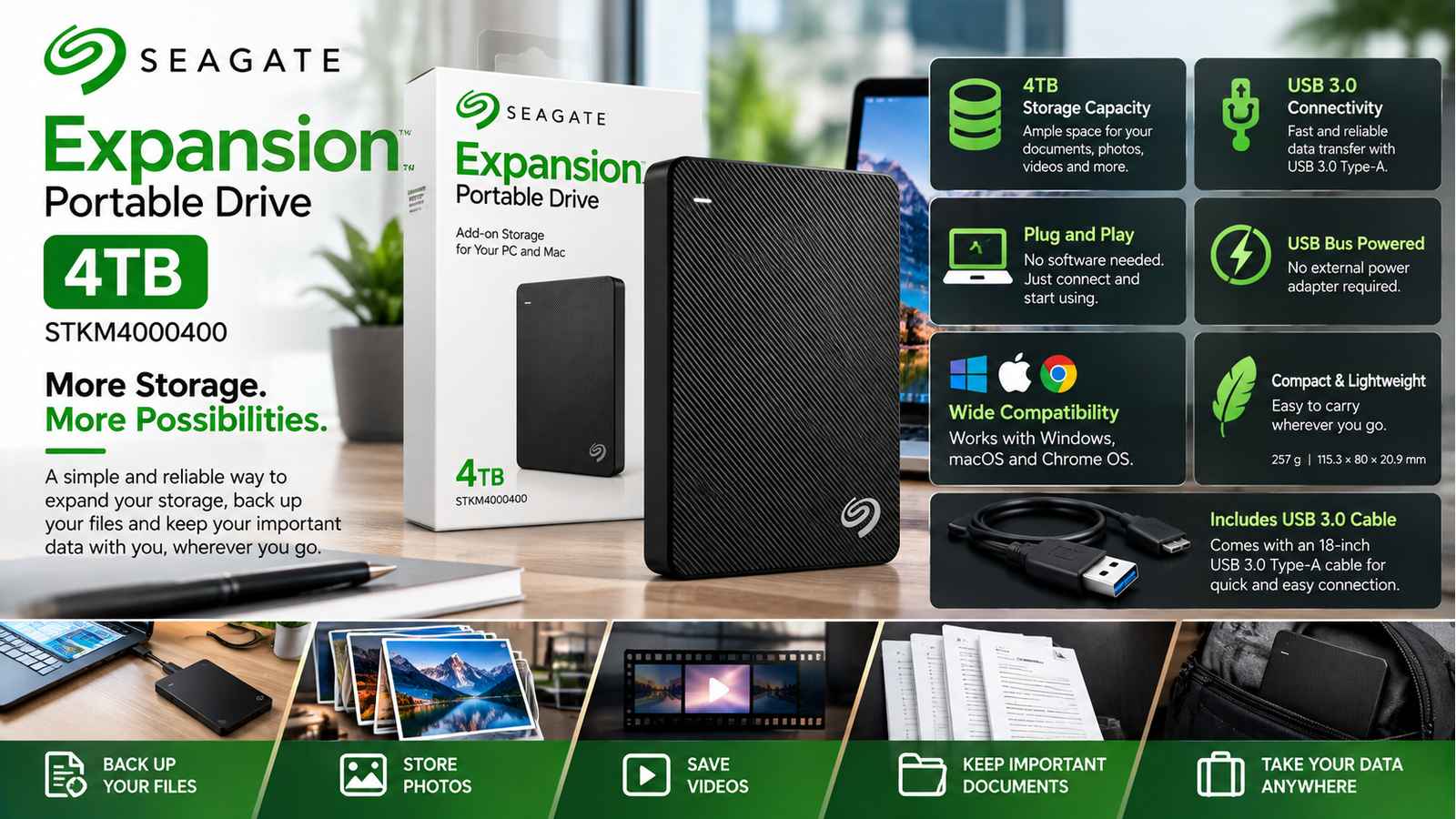 Seagate Expansion Portable 4TB External Hard Drive, USB 3.0, Black | STKM4000400